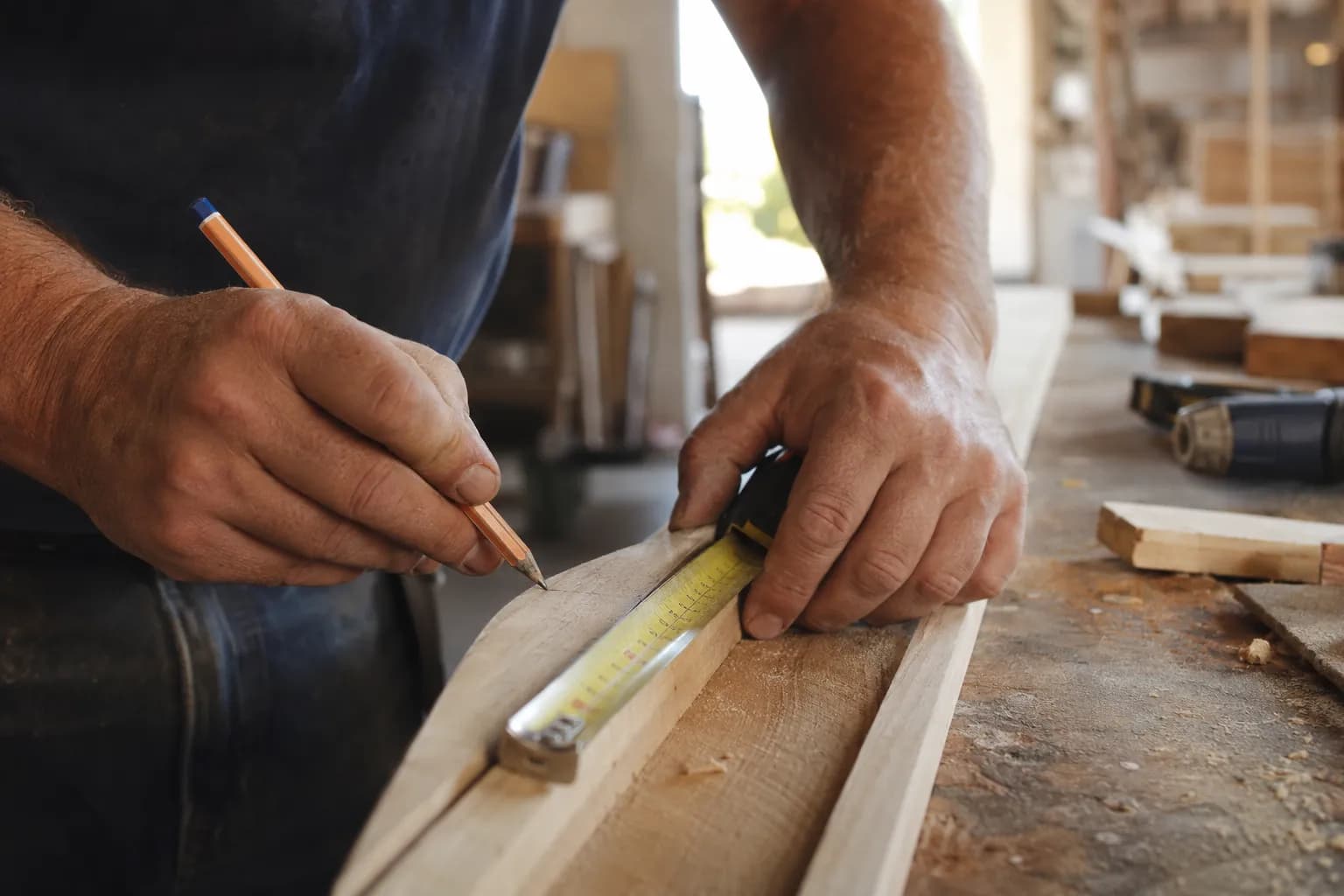 Measuring and marking a board on the workbench